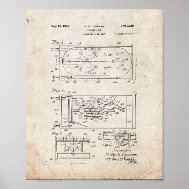 Pinball Game Patent - gammalt utseende Poster (Framsidan)