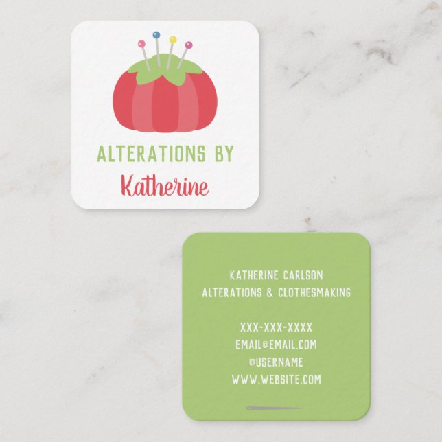 Pincushion Alterings Handgjorda Fyrkantigt Visitkort (Fram/baksida)