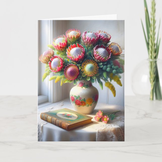 Pincushion protea Bouquet med gammal Bok Kort (Framsida)