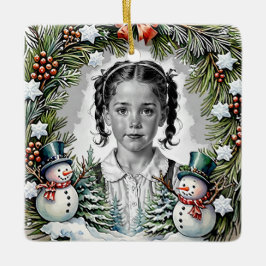 Pine and Snowmen Custom Christmas Photo Square Julgransprydnad Keramik