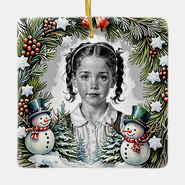 Pine and Snowmen Custom Christmas Photo Square Julgransprydnad Keramik (Framsida)