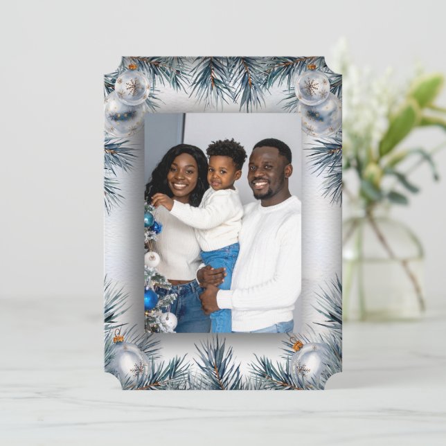 Pine Border Photo Christmas Card Tack Kort (Stående Fram)