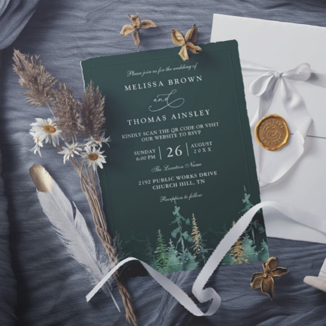 PINE Emerald Green and Gold QR Code Wedding Inbjudningar (Skapare uppladdad)