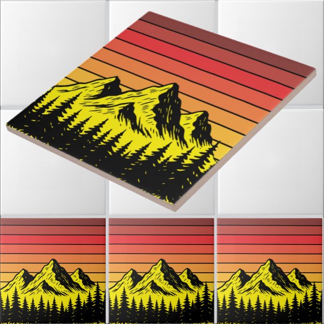 Pine Forest Over Mountains & Retro Sunset Frieze Kakelplatta (Skapare uppladdad)