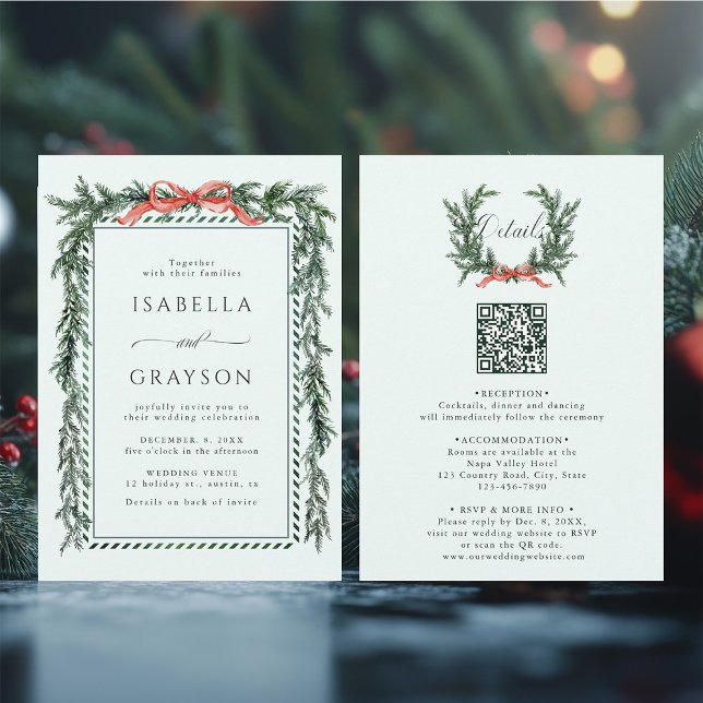 Pine Garland Wedding All in One Mint Green Inbjudningar (Front & Back)