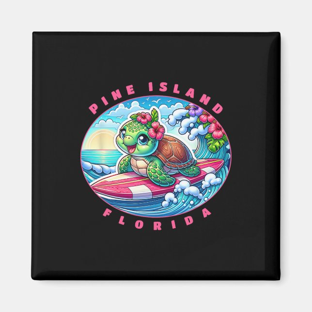 Pine Island Florida Söt Surfande Flicka Havssköldp Magnet (Framsidan)