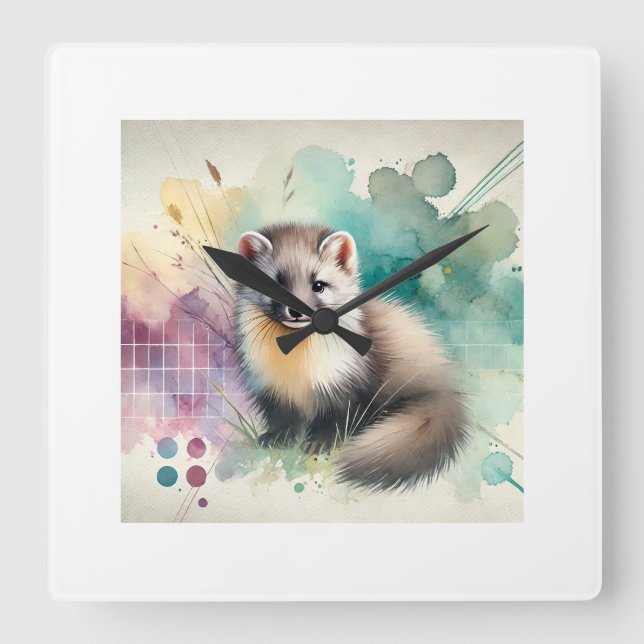Pine Marten 081024AREF112 - Watercolor Fyrkantig Klocka (Framsida)
