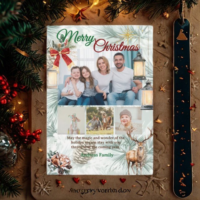 Pine Needle Family 4 Photo Collage Merry Christmas Julkort (Skapare uppladdad)