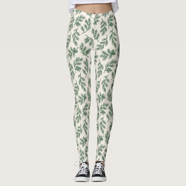 Pine Needle Lane - Green Botanical Branch Patternl Leggings (Framsida)