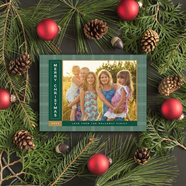 Pine Plaid Sidebar Julkort (Pine Green Sidebar Photo Holiday Card)