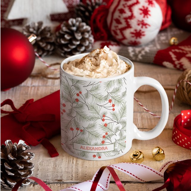 Pine Sprigs and Berries Custom Name Christmas Kaffemugg (Skapare uppladdad)