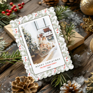 Pine Sprigs and Berries Custom Photo Christmas  Julkort