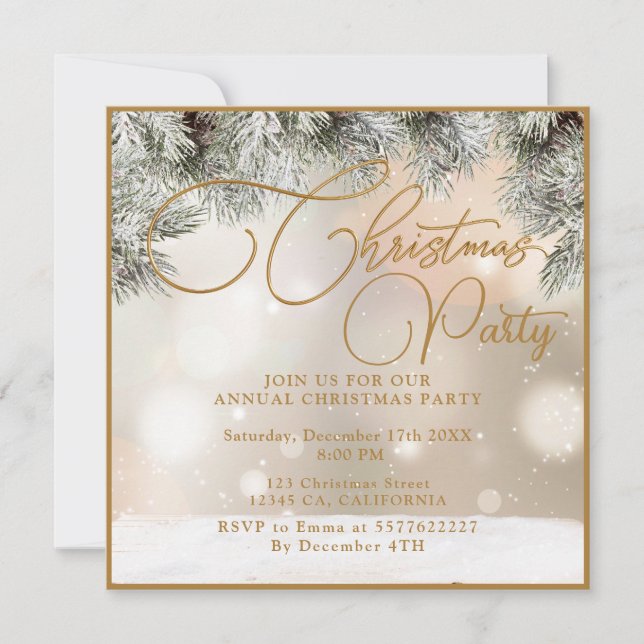 Pine Tree Branches,Balls,Gold Christmas Invitation Inbjudningar (Framsida)