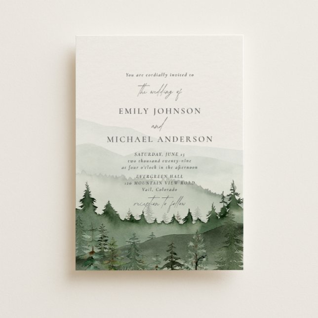 Pine Tree, Foggy Mountains Rustic Wedding  Inbjudningar (Skapare uppladdad)