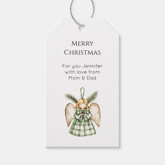 Pine Tree Green Plaid Christmas Angel  Presentetikett (Framsidan)