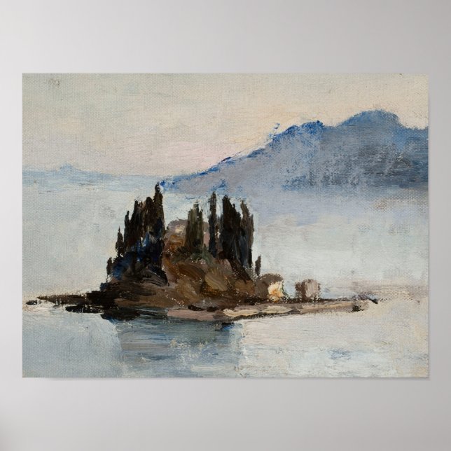 Pine tree island in water landscape art print poster (Framsidan)