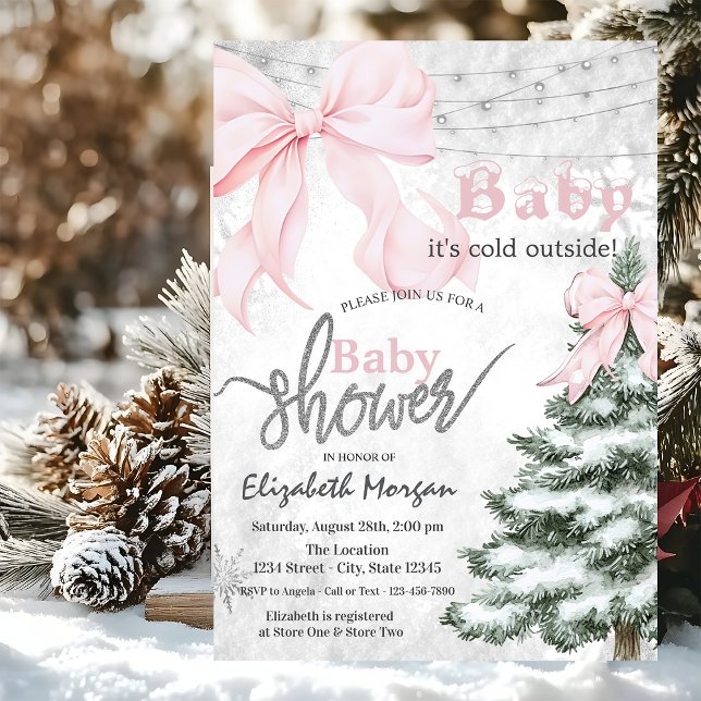 Pine Tree Pink Bow Snowflakes Baby Shower Inbjudningar (Skapare uppladdad)