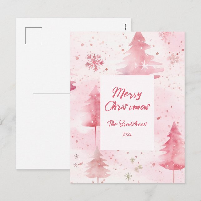 Pine Trees Pink Christmas Postcard Helg Vykort (Fram/baksida)