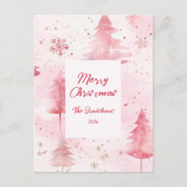 Pine Trees Pink Christmas Postcard Helg Vykort