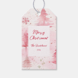 Pine Trees Pink Christmas Presentetikett