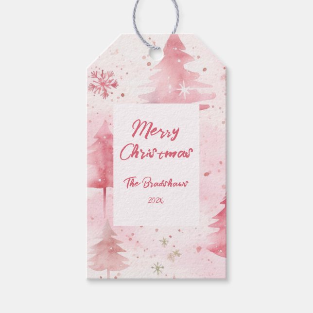 Pine Trees Pink Christmas Presentetikett (Framsidan)