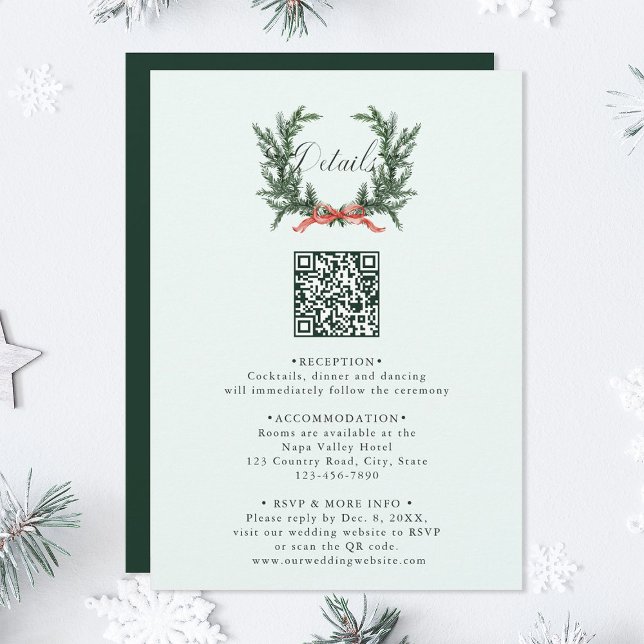 Pine Wreath Wedding QR Code Details Mint Green Tilläggskort (Skapare uppladdad)