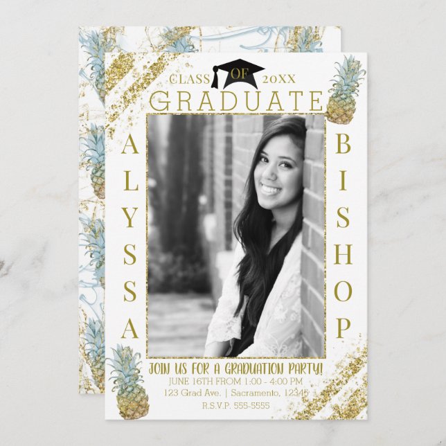 Pineaanas från guld Glitter Foto Studenten Student Inbjudningar (Fram/baksida)