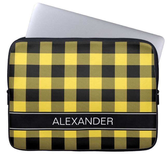 Pineale Black Buffalo Check Play Namn Monogram Laptop Sleeve (Framsidan)