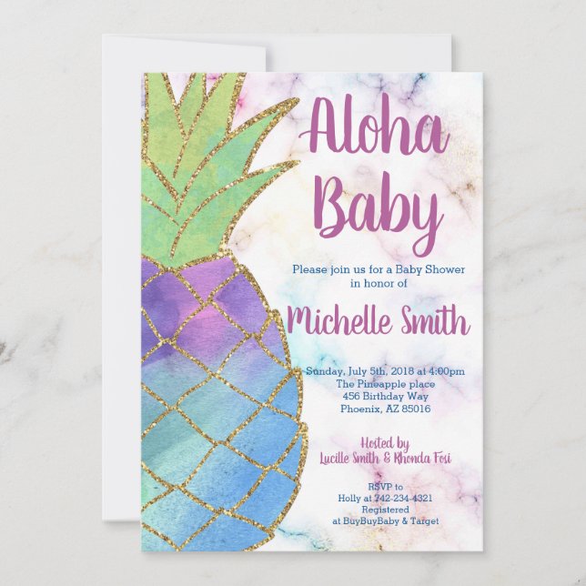 Pineapple Aloha Glitter Tropical Guld Baby Shower Inbjudningar (Framsida)