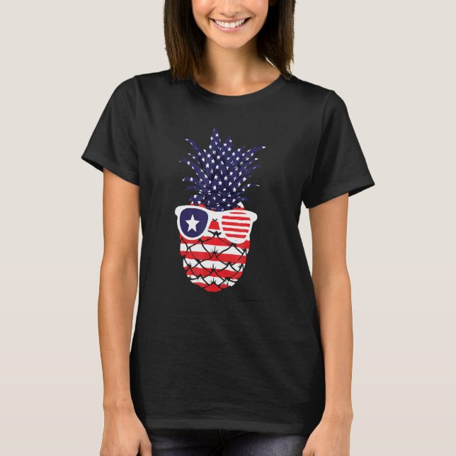 Pineapple American Flagga Sunglass 4 juli T Shirt (Framsida)