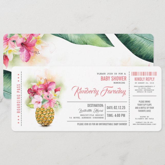 Pineapple Beach Boarding Pass Biljett Baby Shower Inbjudningar (Fram/baksida)