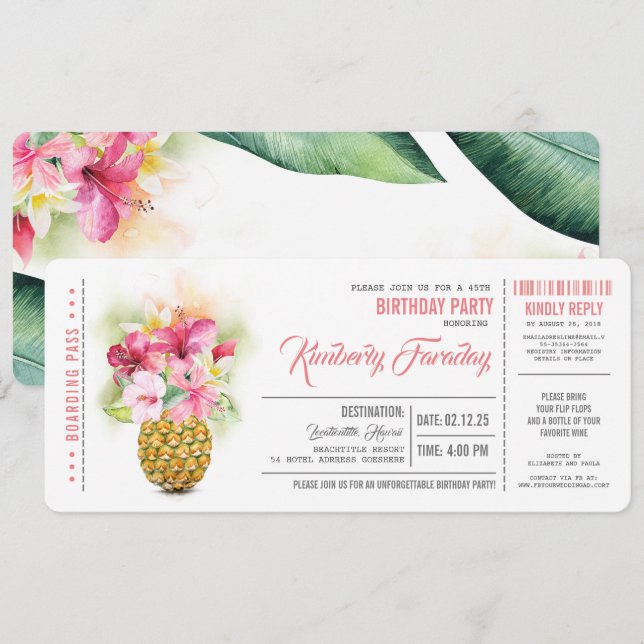 Pineapple Beach Boarding Pass Biljett Birthday Inbjudningar (Fram/baksida)