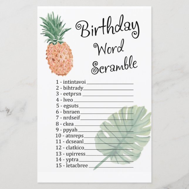 Pineapple BIRTHDAY ORD SCRAMBLE-spel (Framsida)