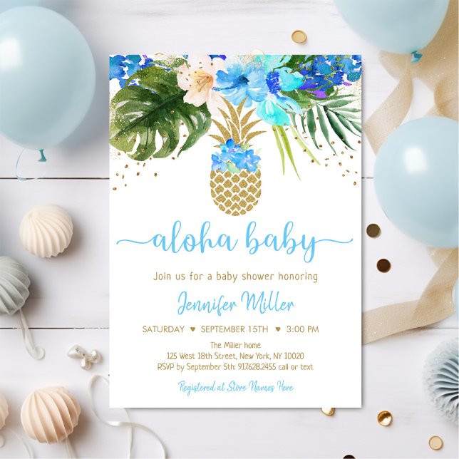 Pineapple Blue Guld Blommigt Aloha Baby Shower Inbjudningar (Skapare uppladdad)