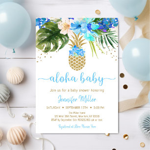 Pineapple Blue Guld Blommigt Aloha Baby Shower Inbjudningar