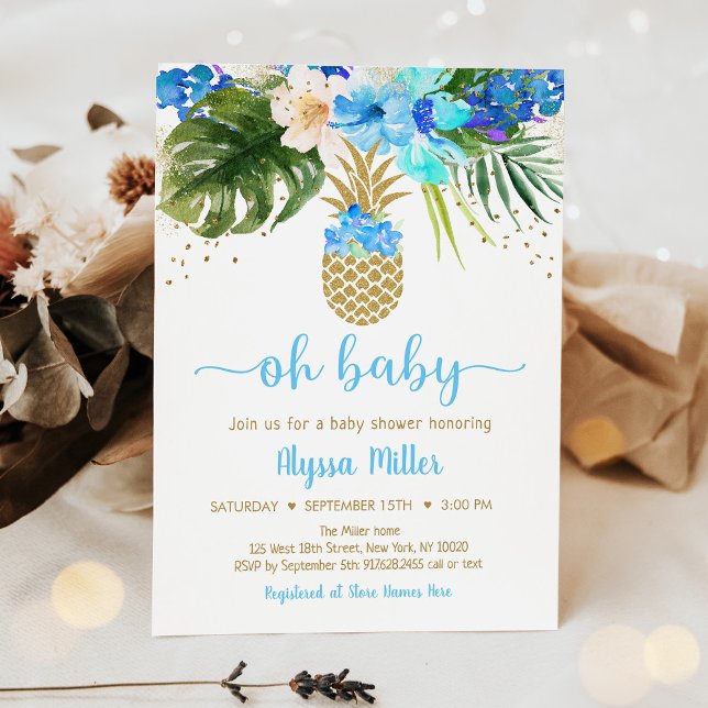 Pineapple Blue Guld Blommigt Oh Baby Shower Inbjudningar (Skapare uppladdad)
