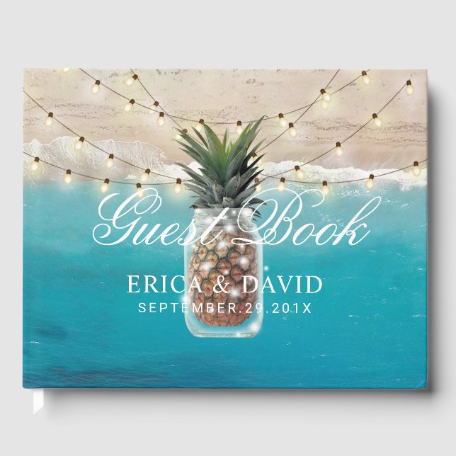 Pineapple Burk String Ljus Tropical Beach Wedding Gästböcker (Framsida)