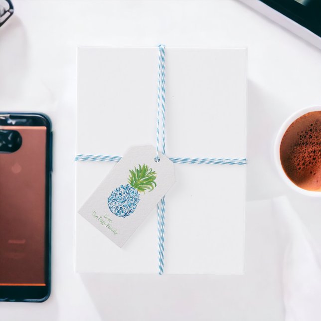 Pineapple Chinoiserie Blue White Personlig Presentetikett (Skapare uppladdad)