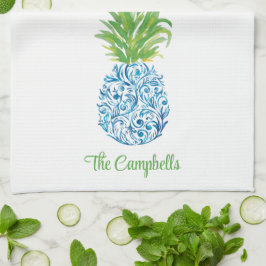 Pineapple Chinoiserie Blue White Preppy Anpassning Kökshandduk