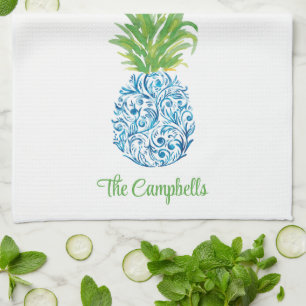 Pineapple Chinoiserie Blue White Preppy Anpassning Kökshandduk