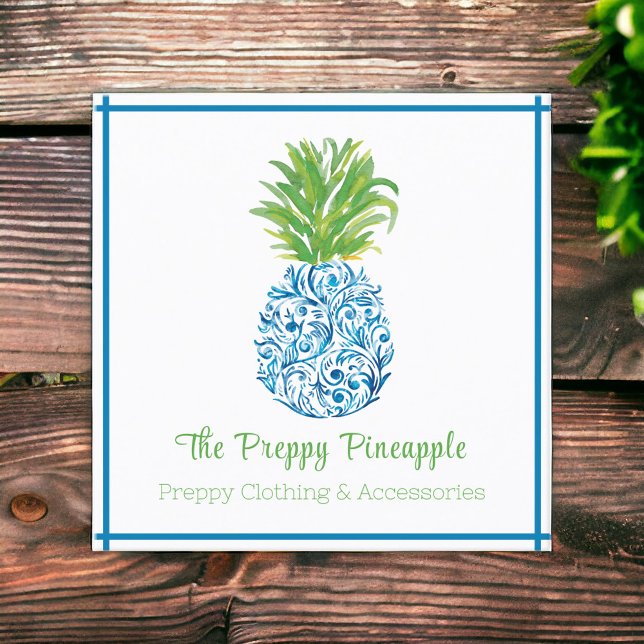 Pineapple Chinoiserie Blue White Preppy Fyrkantigt Visitkort (Skapare uppladdad)