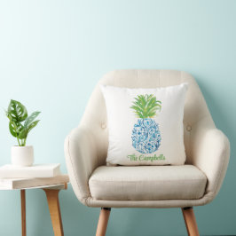 Pineapple Chinoiserie Blue White Preppy Namn Kudde