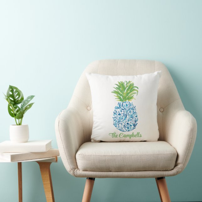 Pineapple Chinoiserie Blue White Preppy Namn Kudde (Stol)