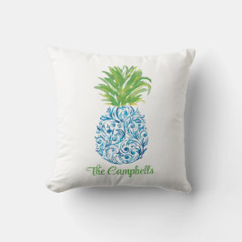 Pineapple Chinoiserie Blue White Preppy Namn Kudde