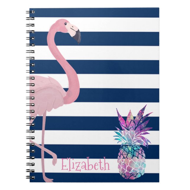 Pineapple, Flamingo Navyblå Ränder-Personlig Anteckningsbok (Framsidan)