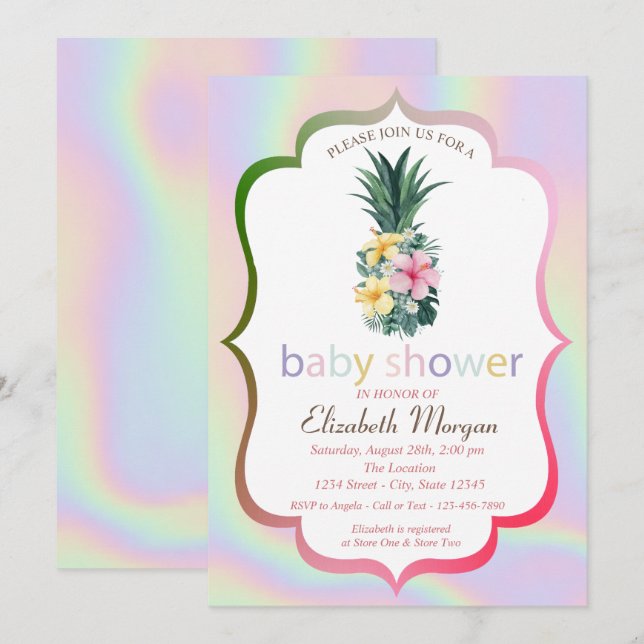 Pineapple Flowers Holografisk Bebis Shower Inbjudningar (Fram/baksida)
