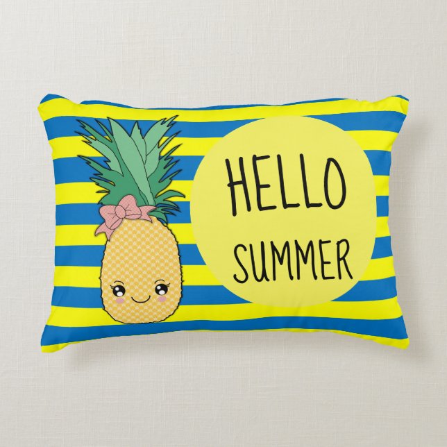 Pineapple Fruit Kawaii Hej, sommarblått Rand Prydnadskudde (Framsidan)