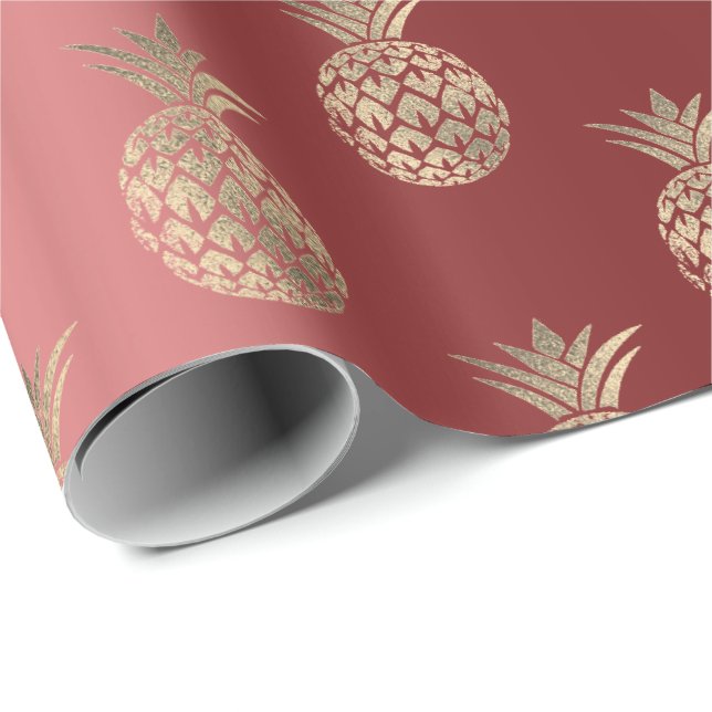 Pineapple Fruits Faux Guld Tropical Summer Burgund Presentpapper (Rullad Hörn)