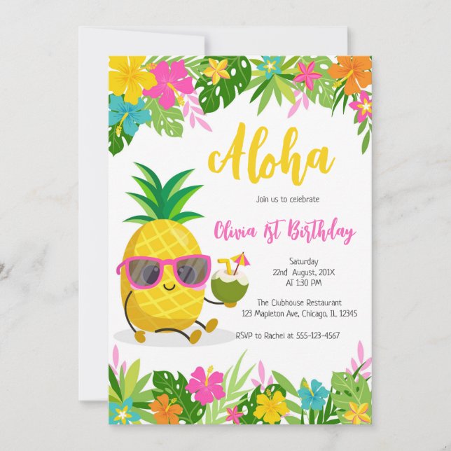 Pineapple Girl Birthday Aloha Hawaii Summer Inbjudningar (Framsida)