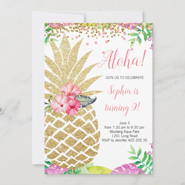 Pineapple Girl Birthday Aloha Hawaii Summer Inbjudningar (Framsida)